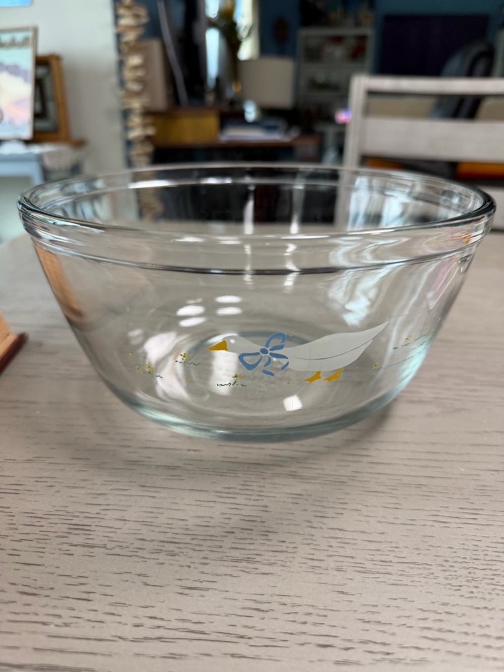 Anchor Hocking Clear Glass Mixing Bowl with White Goose and Blue Bow Design